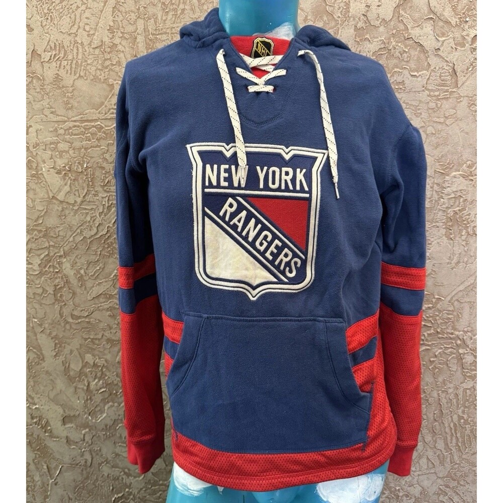 CCM NHL New York Rangers Hoodie SZ S Lace-Up Pullover Blue Red Mesh Trim